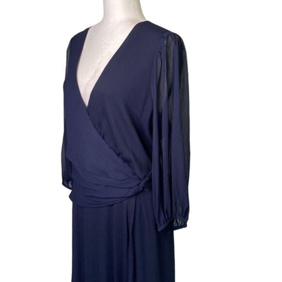 DKNY Navy Surplice Faux Wrap Chiffon Balloon Sleeve V-Neck Midi Party Dress - Picture 5 of 15